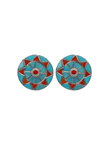 Turquoise and Coral Mosaic Round Earrings with Central Red Stone