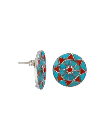 Turquoise and Coral Mosaic Round Earrings with Central Red Stone