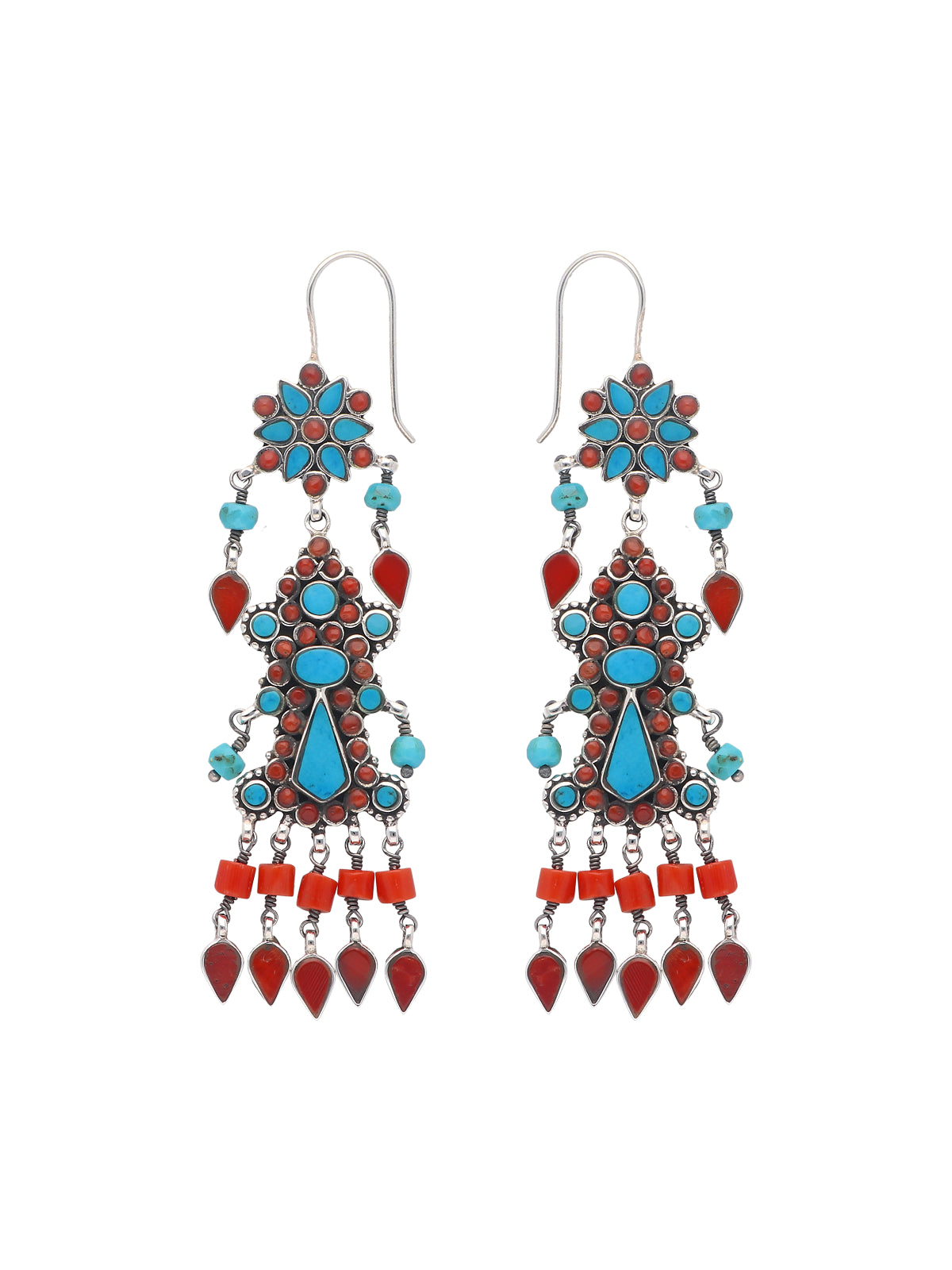 Turquoise and Coral Statement Earrings with Star Motif and Teardrop Accents