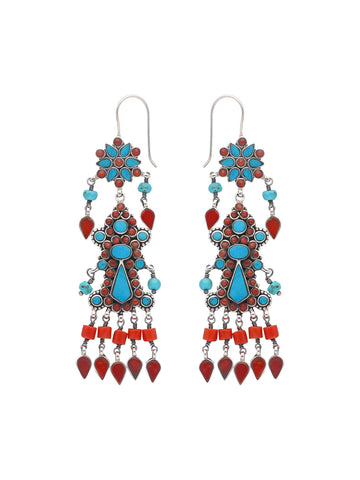 Turquoise and Coral Statement Earrings with Star Motif and Teardrop Accents