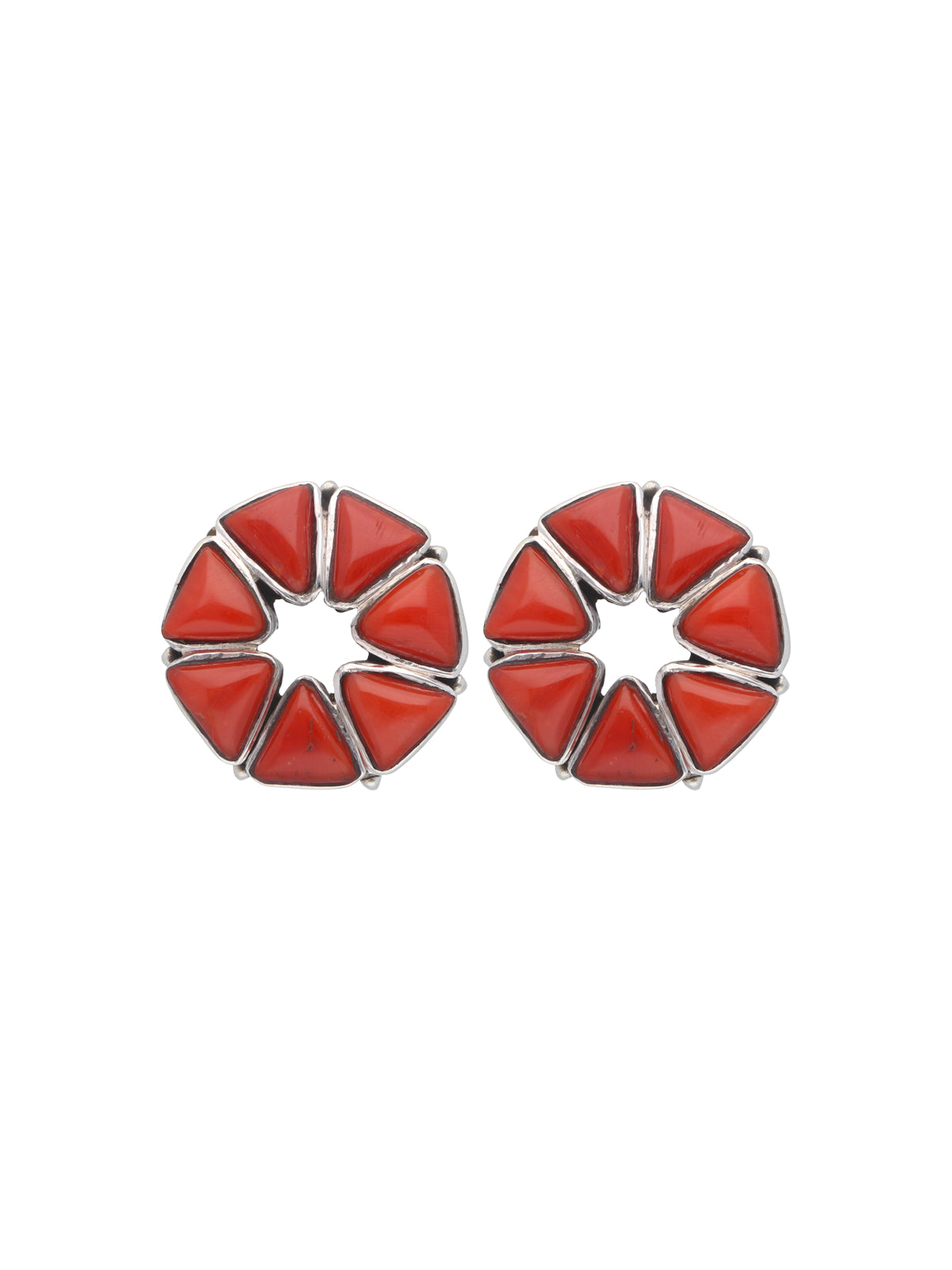 Geometric Circular Coral Earrings with Triangular Stone Accents