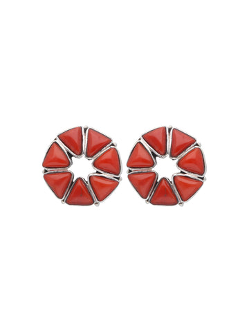 Geometric Circular Coral Earrings with Triangular Stone Accents