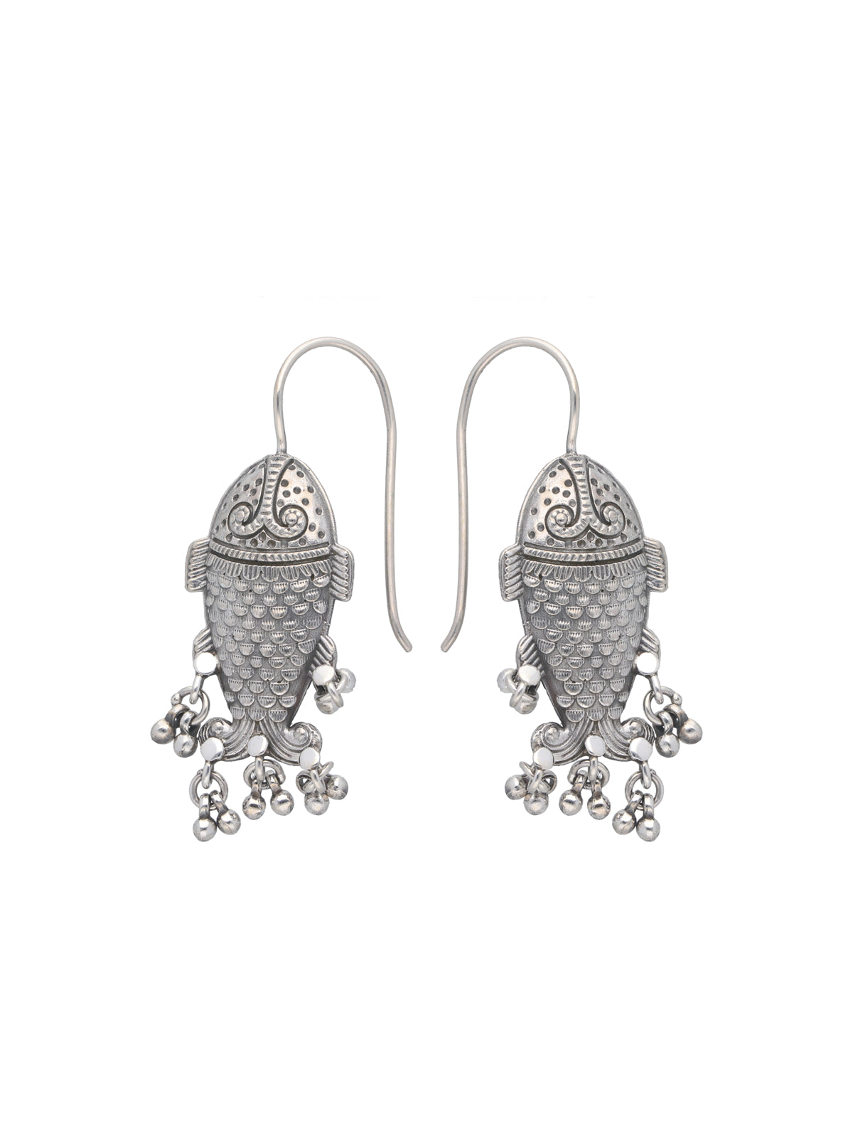 Silver Fish Motif Earrings with Delicate Dangling Beads