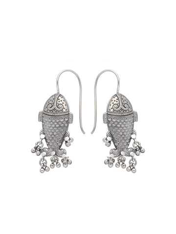 Silver Fish Motif Earrings with Delicate Dangling Beads