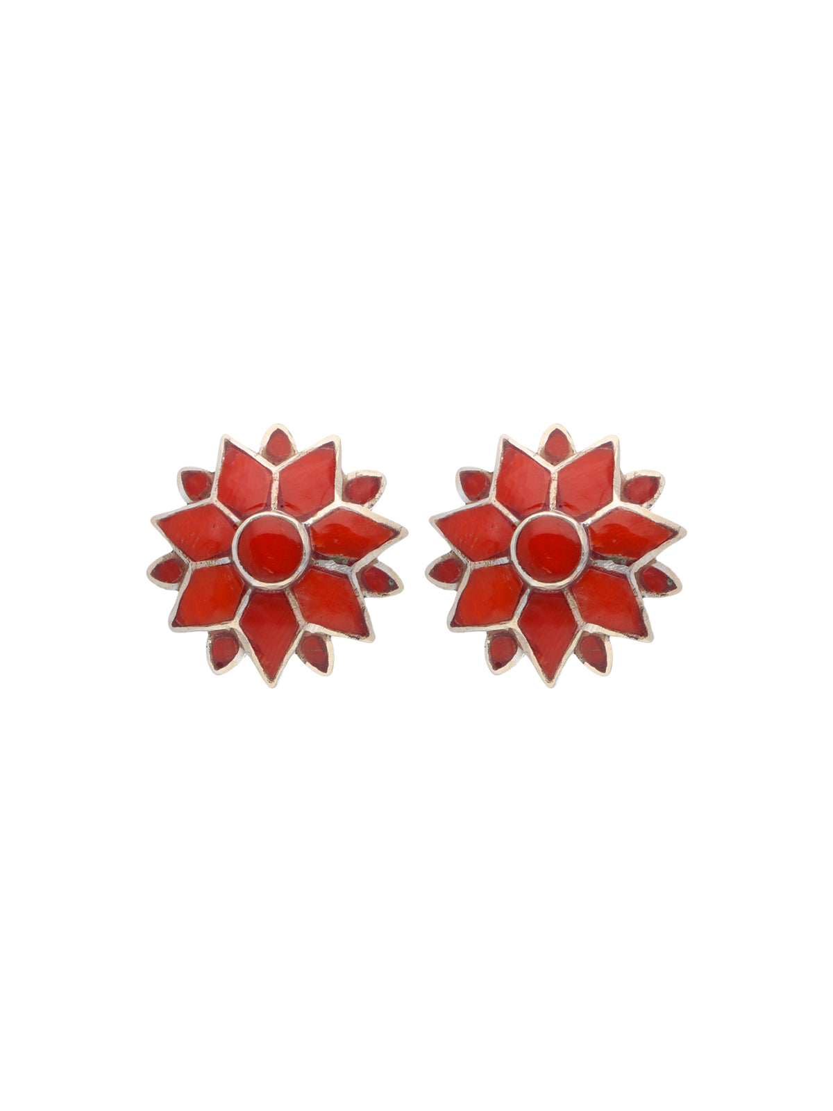 Radiant Coral Starburst Earrings with Silver Accents