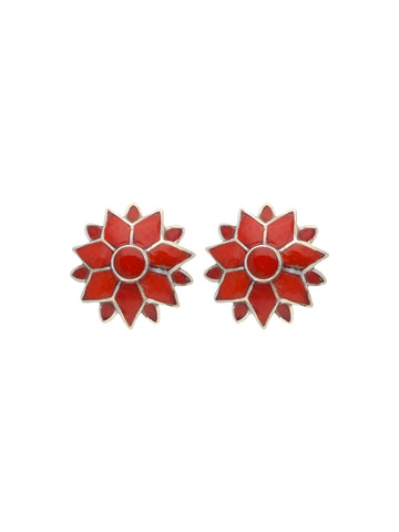 Radiant Coral Starburst Earrings with Silver Accents