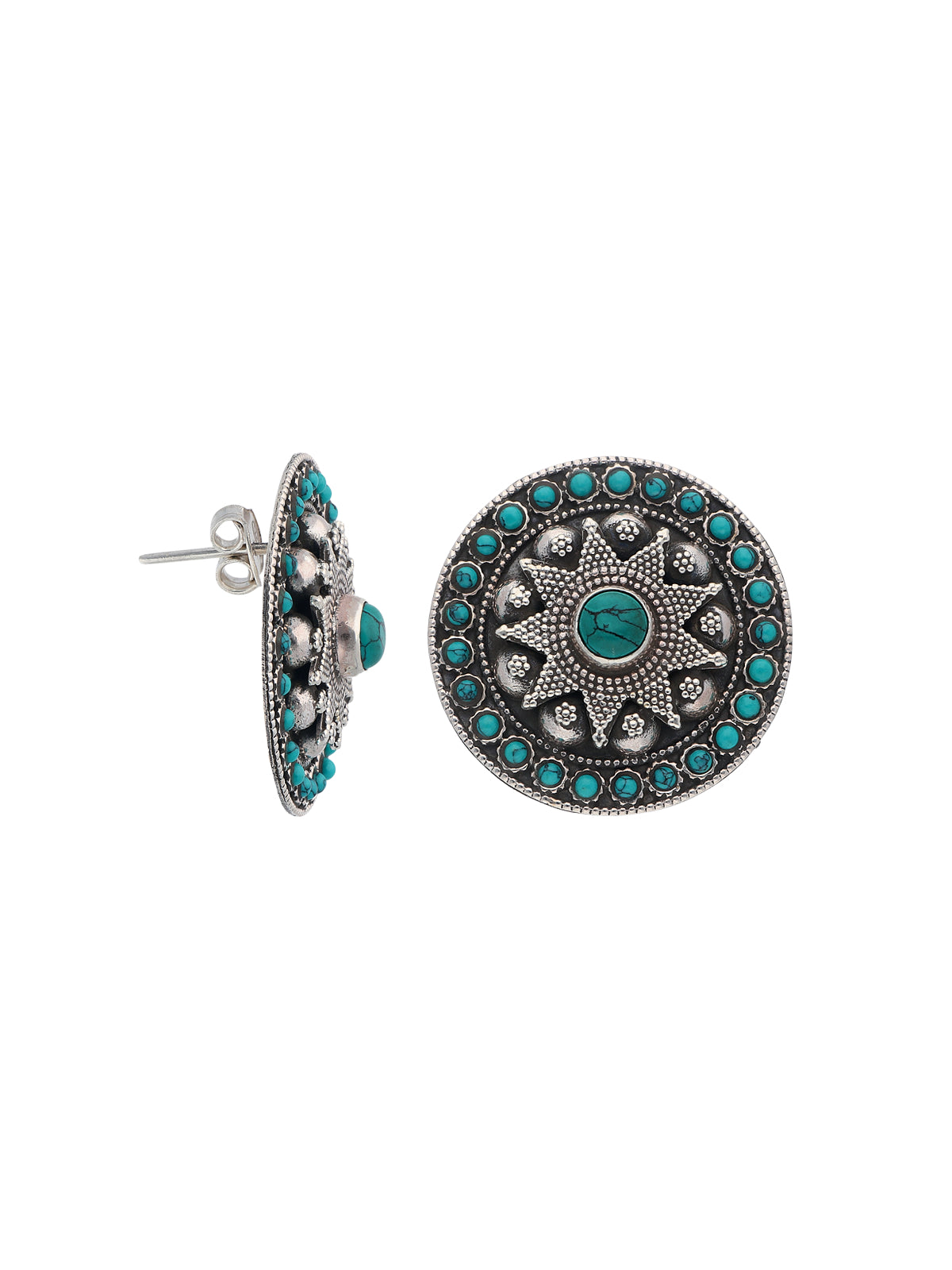 Turquoise and Silver Starburst Circular Stud Earrings