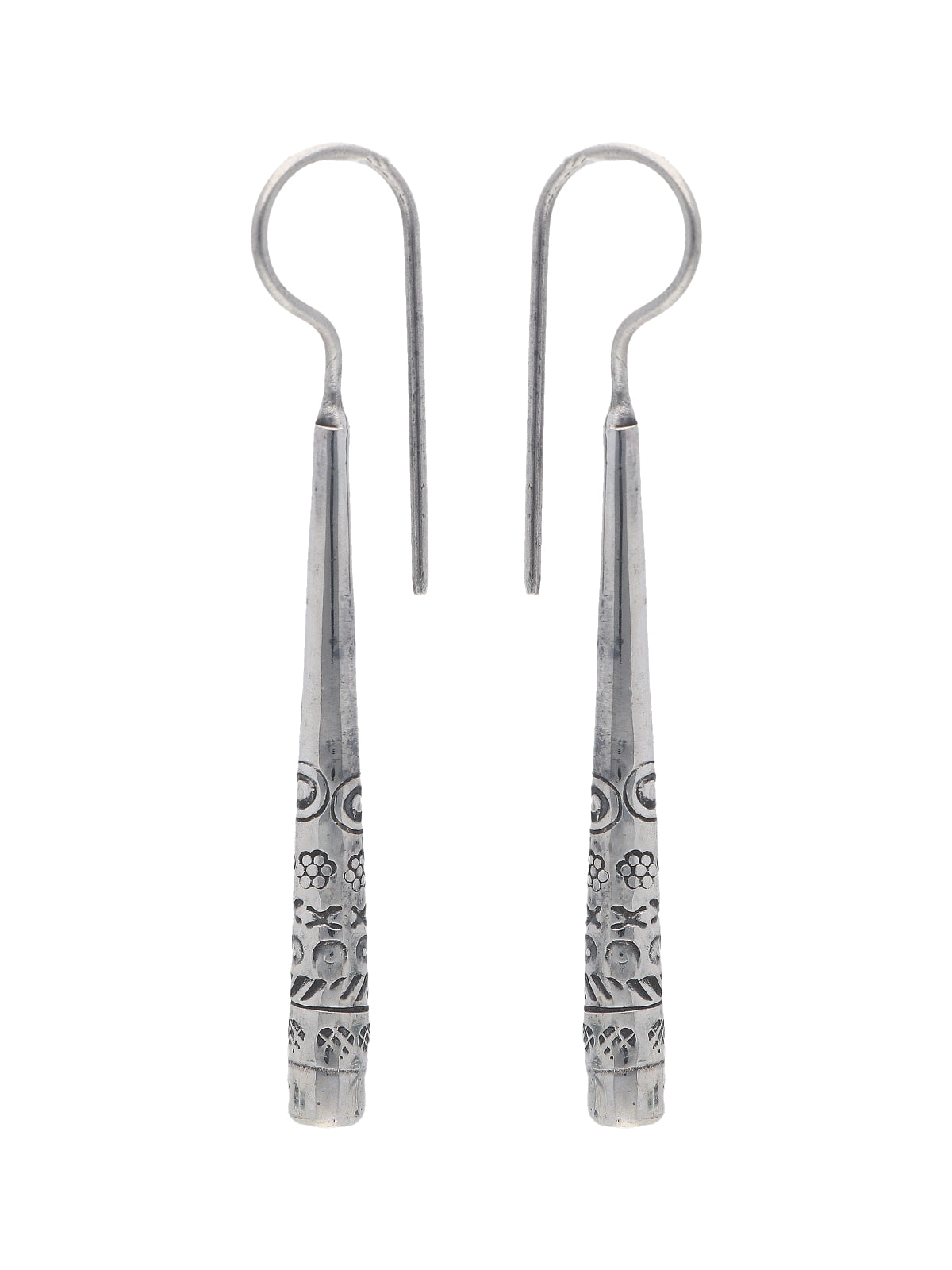 Elongated Silver Tapered Earrings with Intricate Engravings