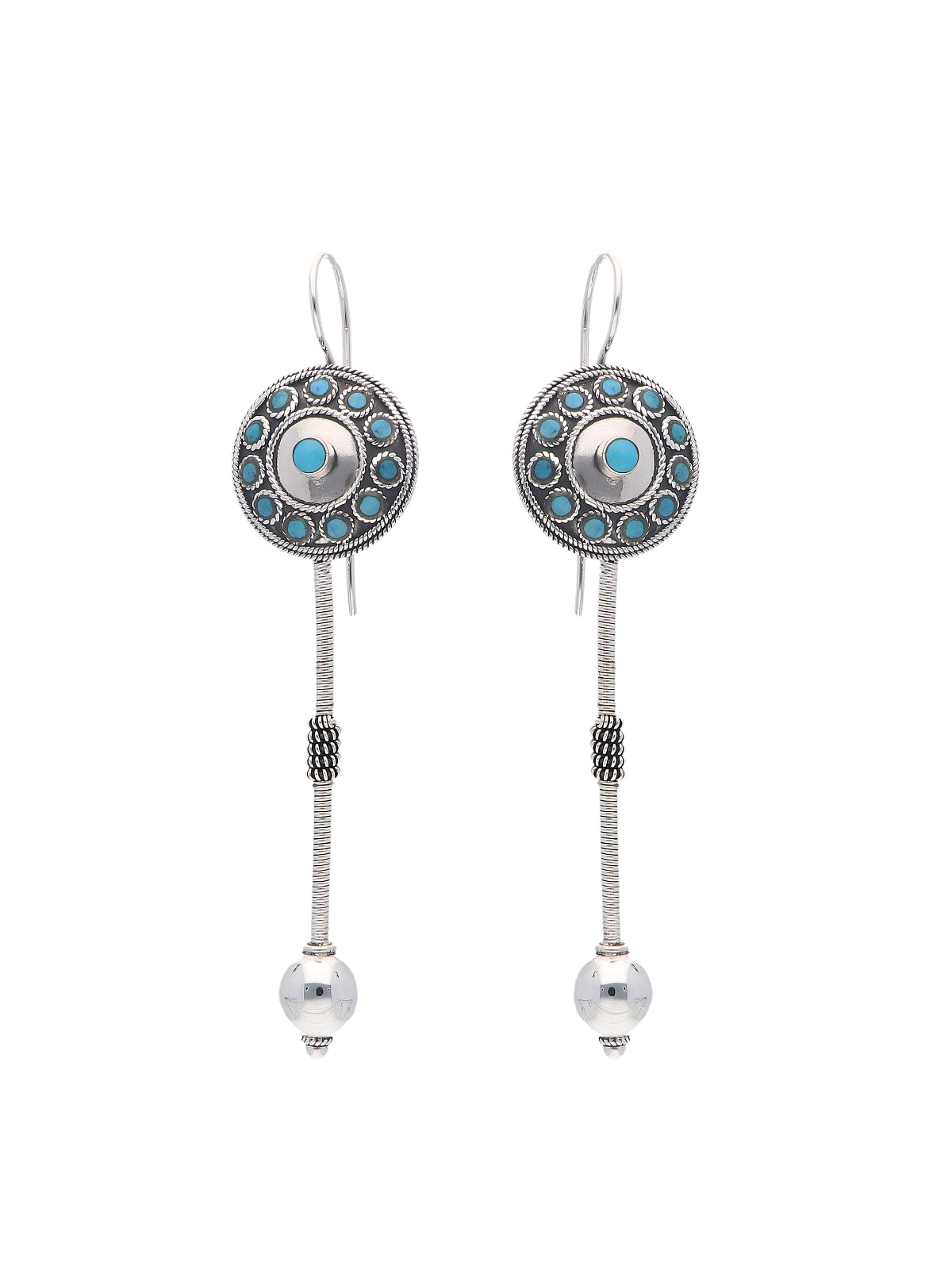 Turquoise Disc and Silver Drop Earrings with Beaded Accents