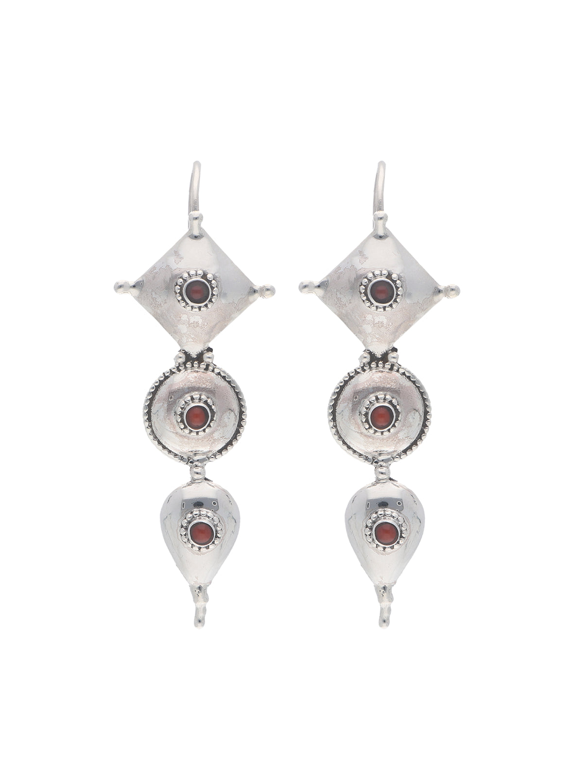 Geometric Silver Drop Earrings with Red Stone Accents