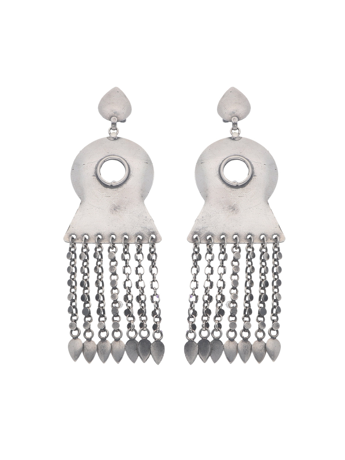 Matte Silver Circular Earrings with Chain Fringe and Teardrop Charms