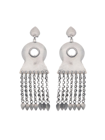 Matte Silver Circular Earrings with Chain Fringe and Teardrop Charms