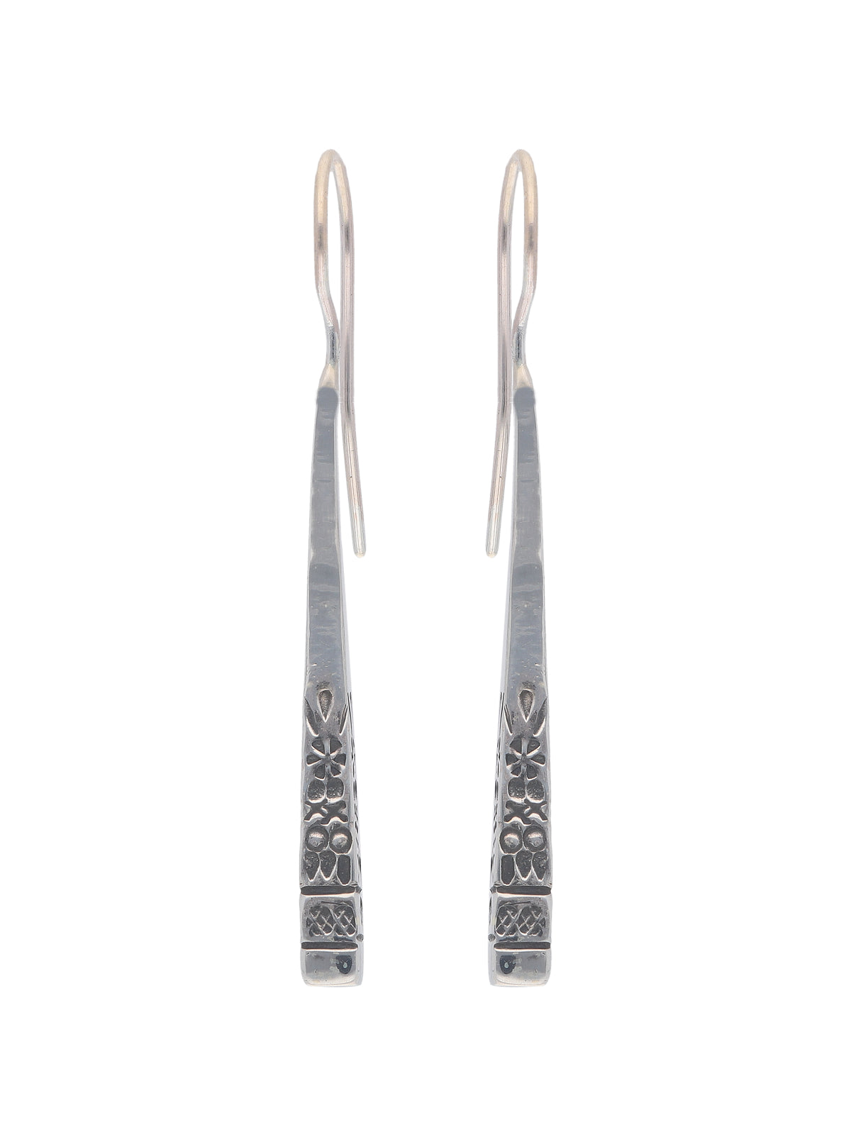 Elongated Engraved Silver Earrings with Floral Detailing