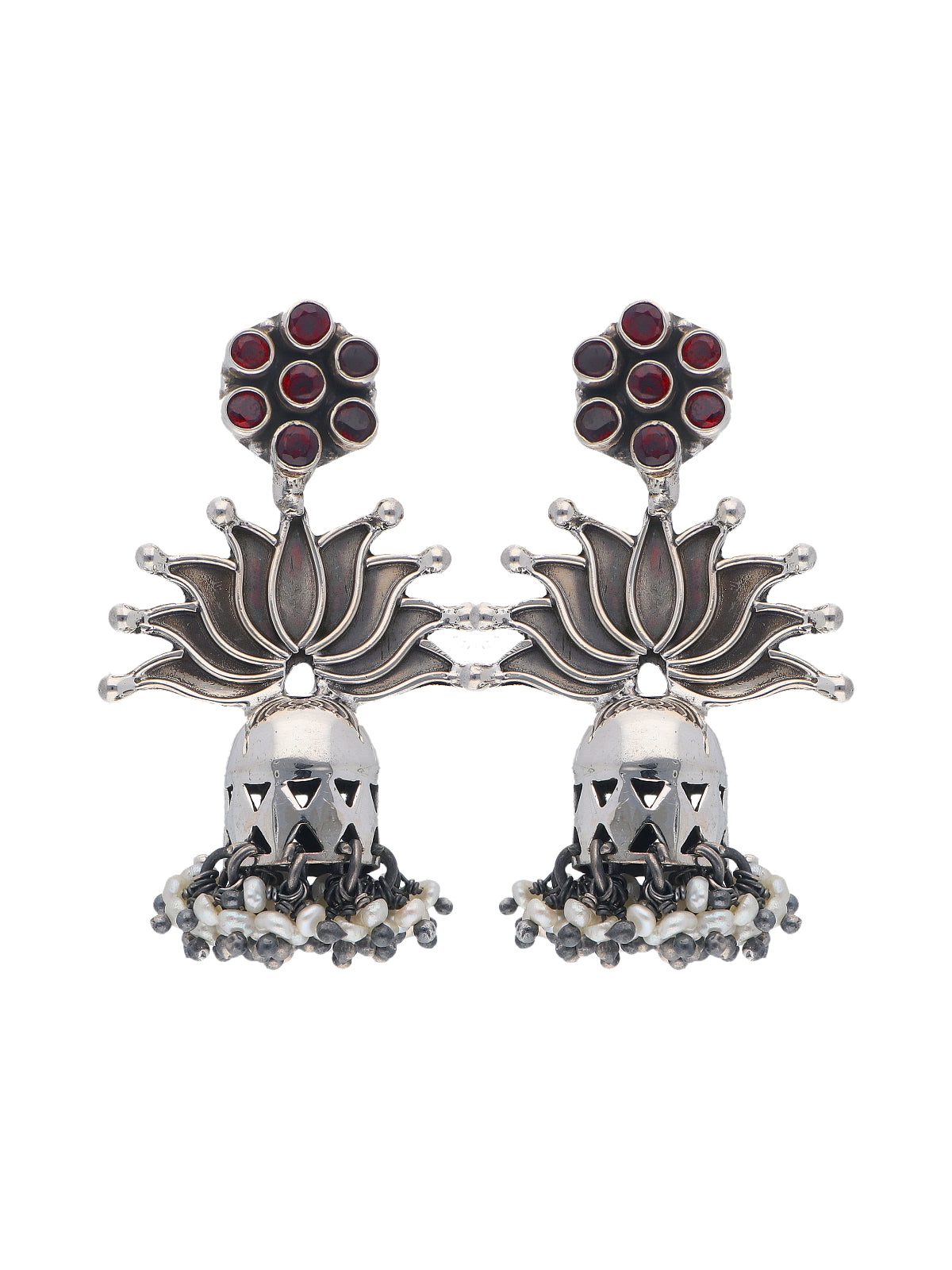 Lotus Motif Silver Jhumka Earrings with Red Stones and Pearl Accents