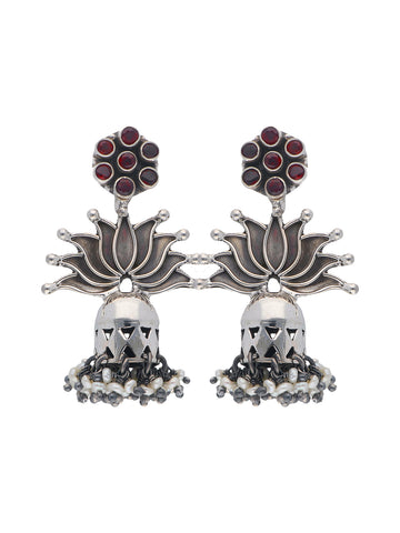 Lotus Motif Silver Jhumka Earrings with Red Stones and Pearl Accents
