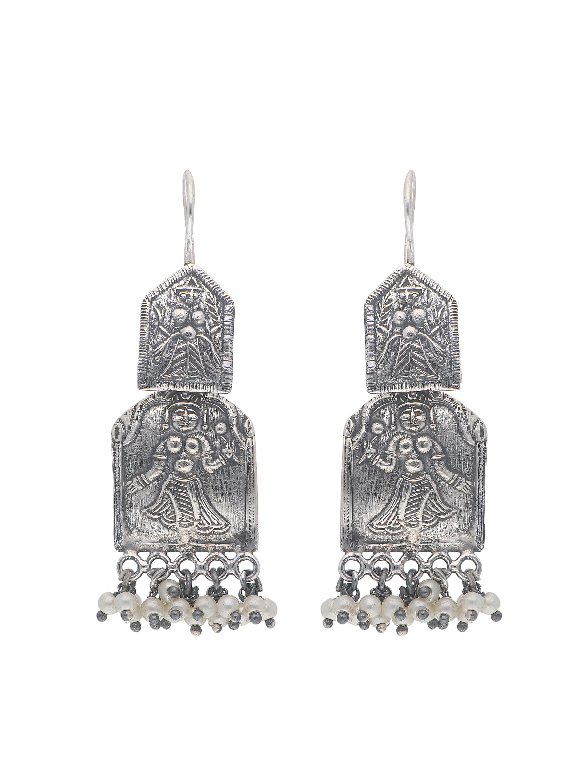 Oxidized Silver Engraved Earrings with Pearl Accents