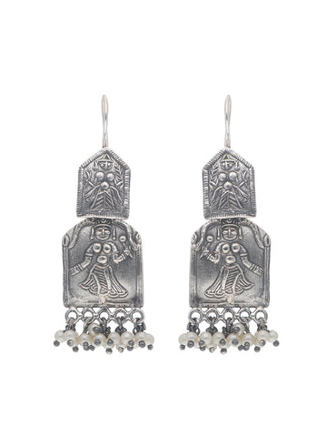Oxidized Silver Engraved Earrings with Pearl Accents