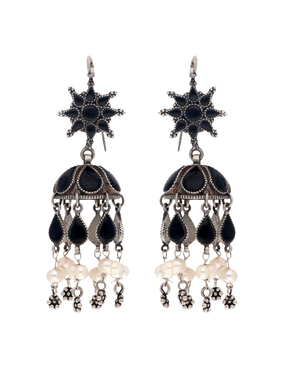 Black Stone and Pearl Jhumka Earrings with Star Motif