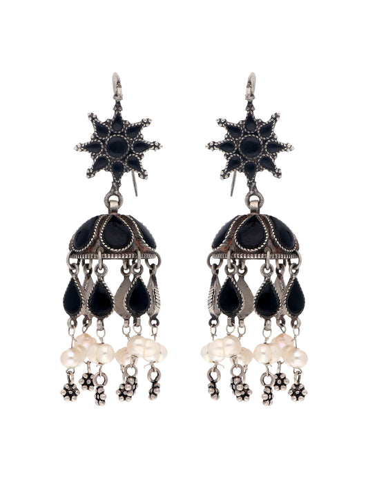 Black Stone and Pearl Jhumka Earrings with Star Motif