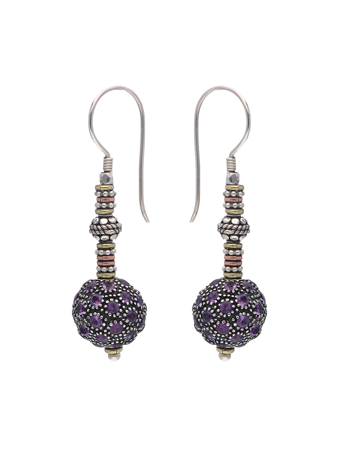 Ornate Beaded Drop Earrings with Purple Stone Accents