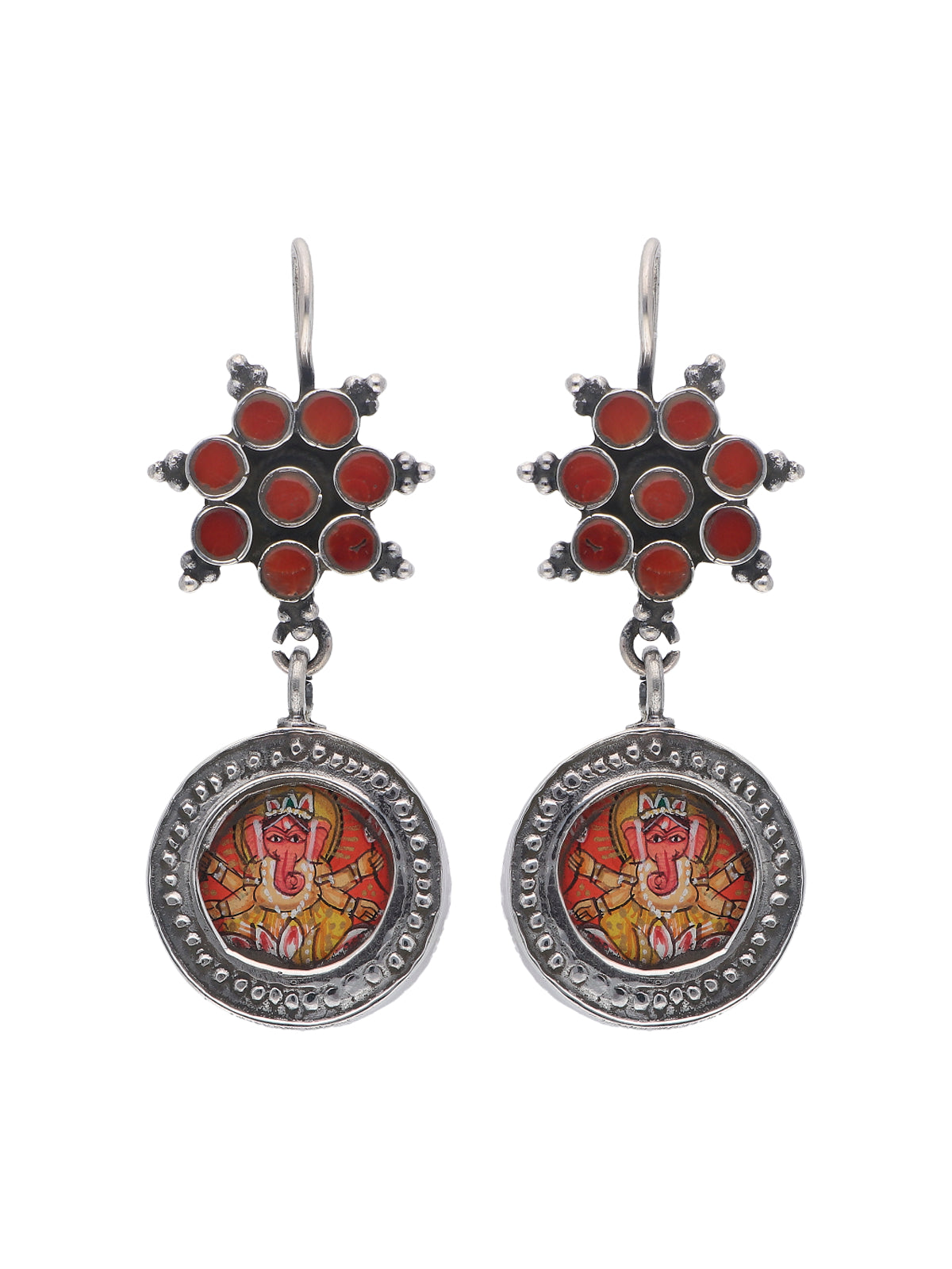 Red Stone Ganesha Medallion Earrings