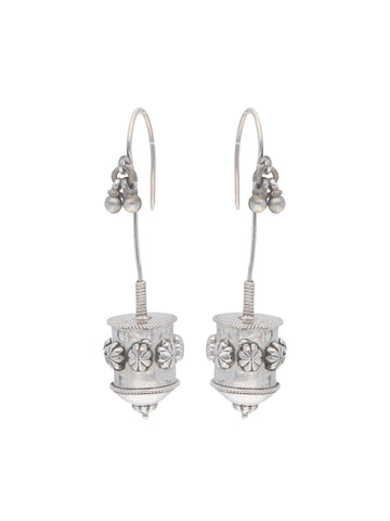 Cylindrical Floral Motif Silver Earrings