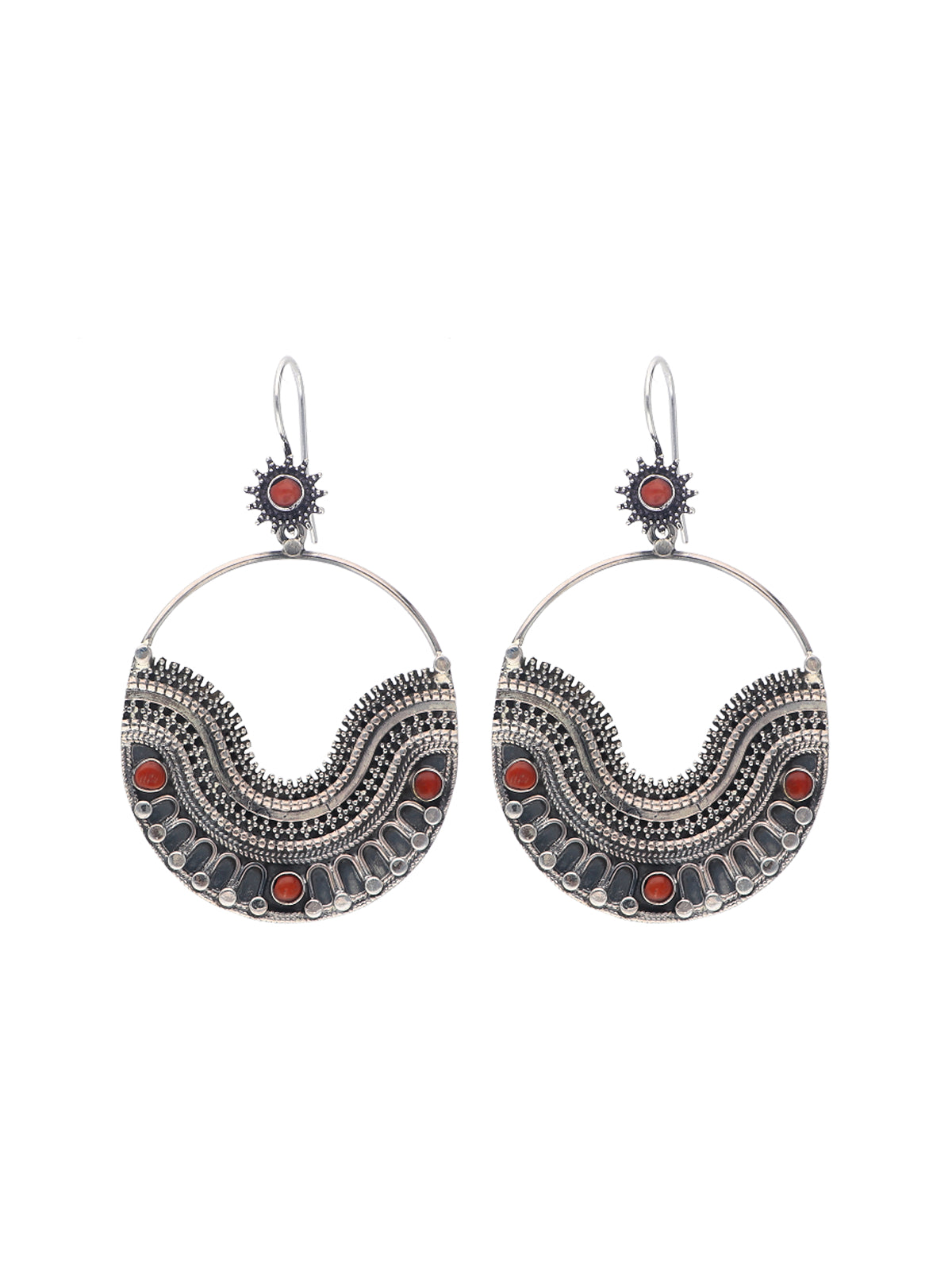 Red Coral Oxidized Hoop Earrings