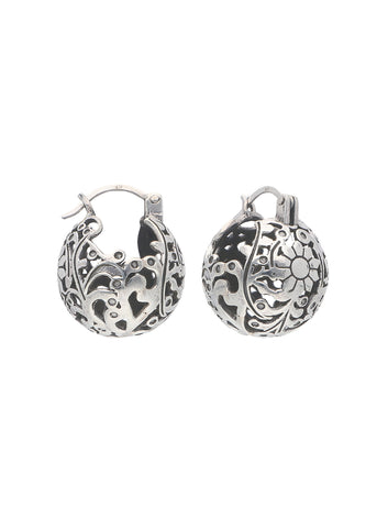 Ornate Heart Filigree Silver Hoop Earrings