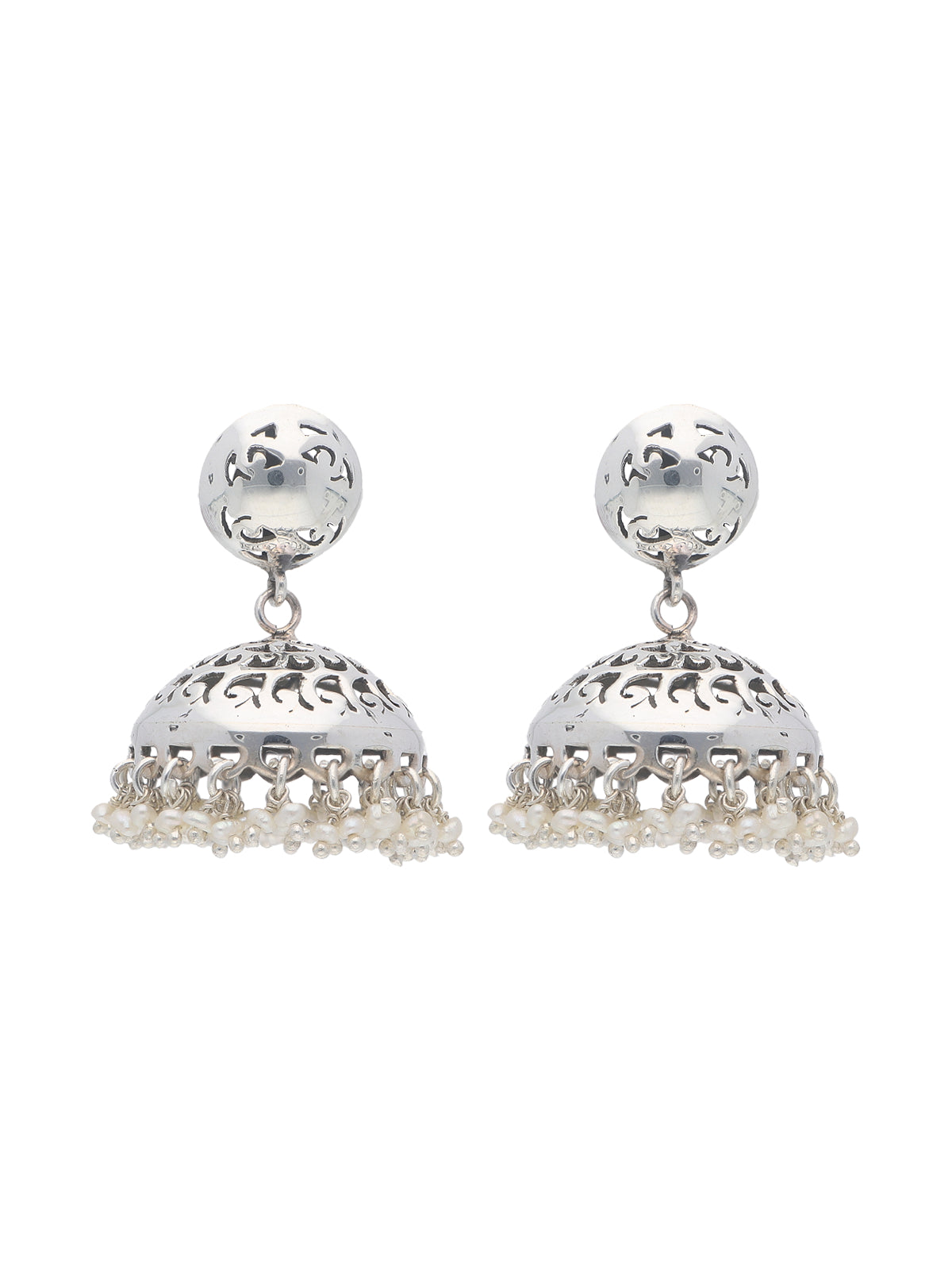 Silver Carved Dome Jhumka Earrings with Pearl Fringe
