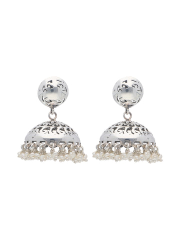 Silver Carved Dome Jhumka Earrings with Pearl Fringe