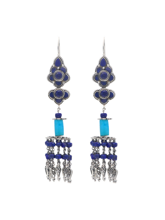 Bohemian Blue and Turquoise Drop Earrings with Silver Charm Accents