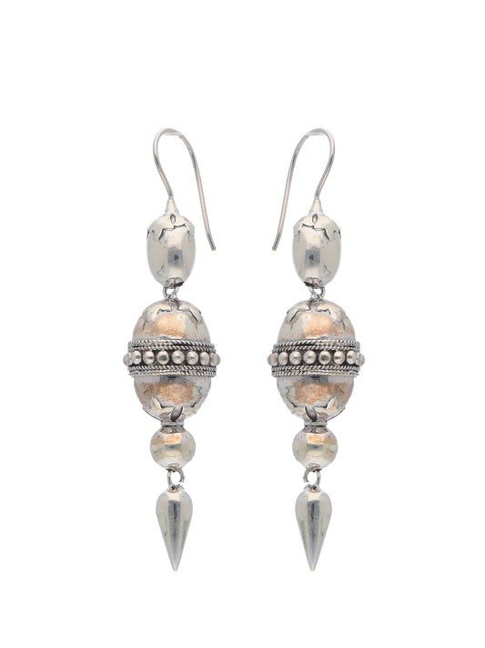 Golden-Toned Sculptural Earrings with Silver Accents and Pointed Drops