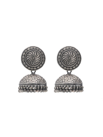 Oxidized Silver Jhumka Earrings with Floral Engraving