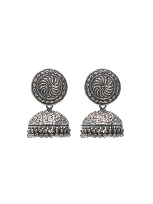 Oxidized Silver Jhumka Earrings with Floral Engraving