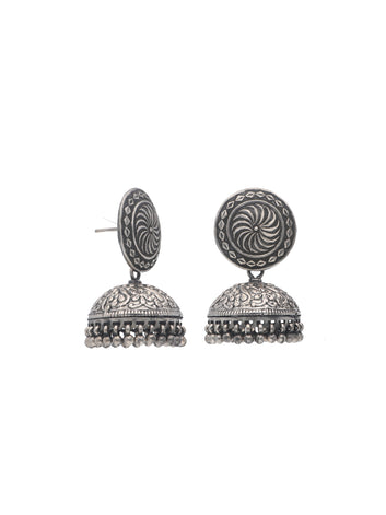 Oxidized Silver Jhumka Earrings with Floral Engraving