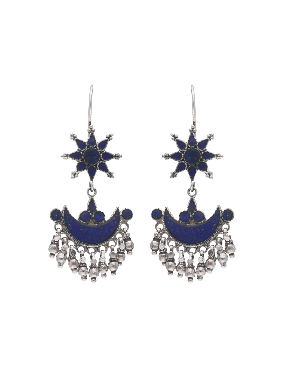 Lapis Lazuli Star and Crescent Moon Earrings with Beaded Dangles