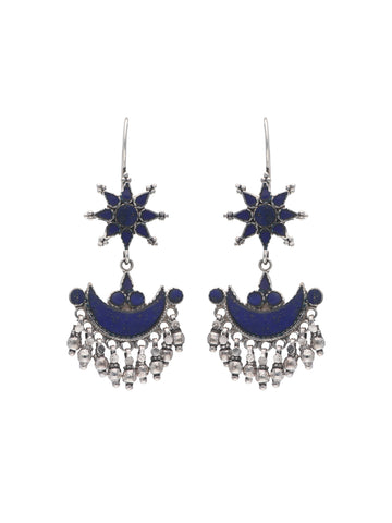 Lapis Lazuli Star and Crescent Moon Earrings with Beaded Dangles