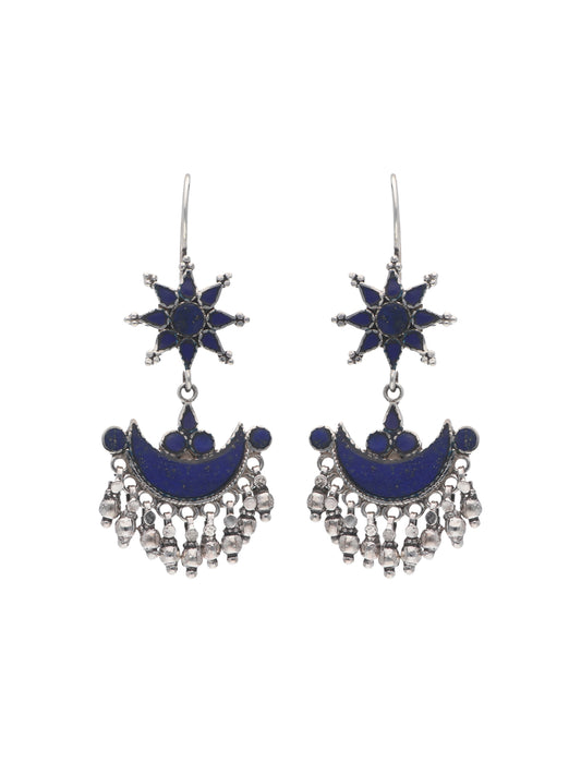 Lapis Lazuli Star and Crescent Moon Earrings with Beaded Dangles