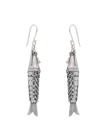 Fish-Shaped Oxidized Silver Dangle Earrings