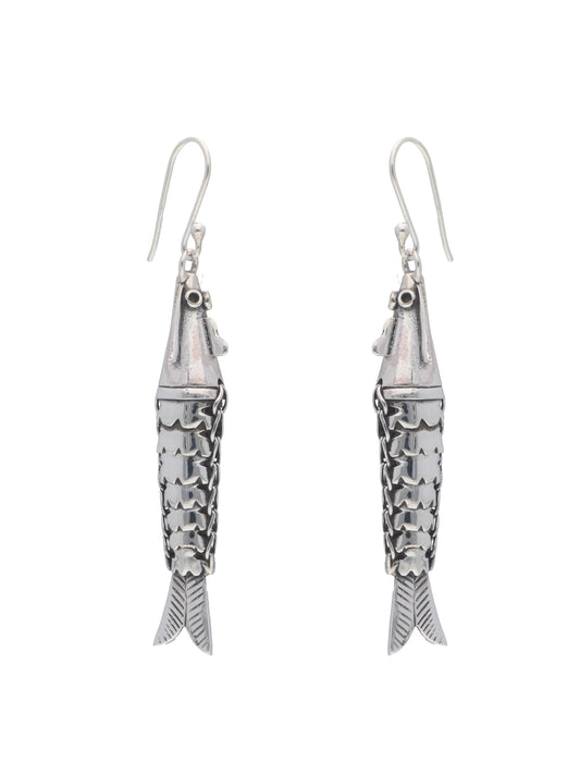 Fish-Shaped Oxidized Silver Dangle Earrings