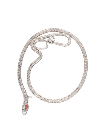 Intricate Snake Design 925 Sterling Silver Necklace with Carnelian Stone Detailing