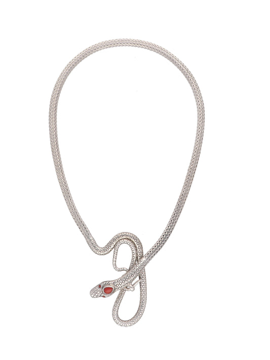 Intricate Snake Design 925 Sterling Silver Necklace with Carnelian Stone Detailing