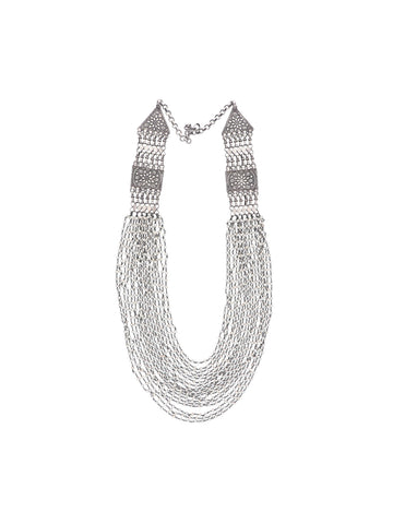 Multi-Layered Pearl and Silver Necklace with Intricate Detailing