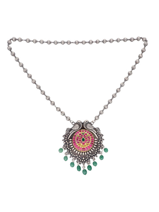 Exquisite 925 Silver Necklace with Twin Birds and Vibrant Pink-Green Stone Detailing