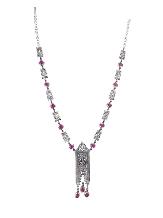 Antique-Inspired Necklace and Earring Set with Ruby-Hued Stones and Intricate Silver Filigree