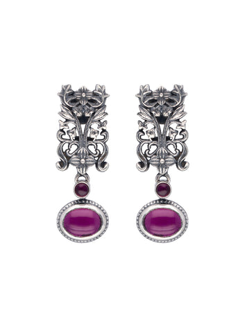 Antique-Inspired Necklace and Earring Set with Ruby-Hued Stones and Intricate Silver Filigree