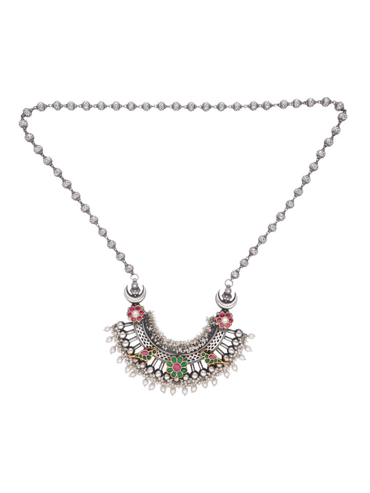 Floral Radiance Silver Necklace with Semi-Precious Stones and Pearl Drops