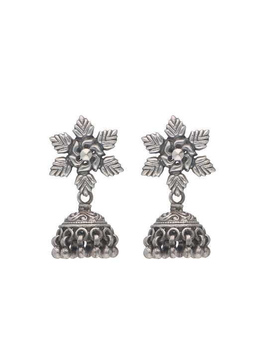 Oxidized Silver Floral Jhumka Earrings