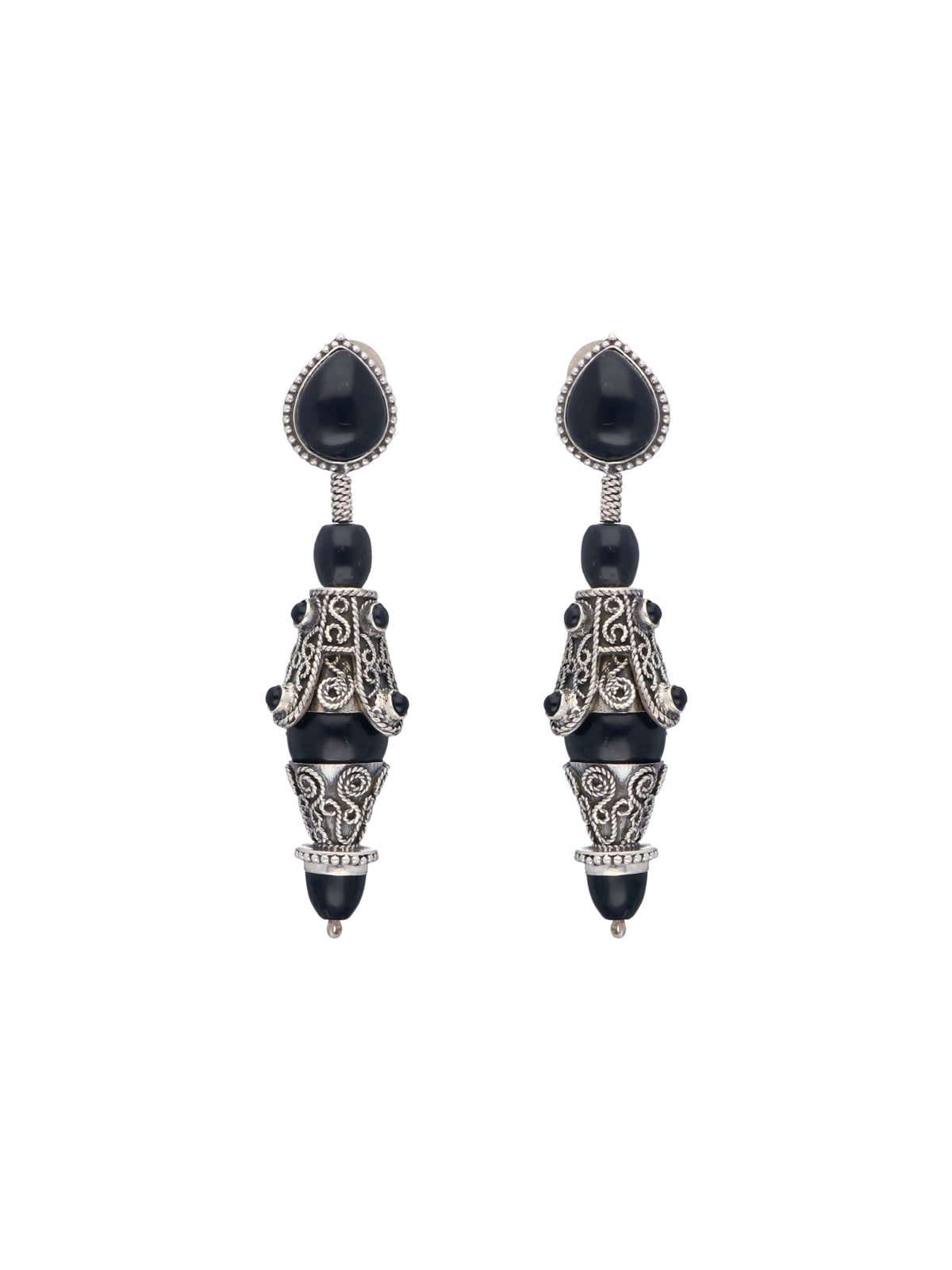 Black Garnet and Silver Filigree Drop Earrings