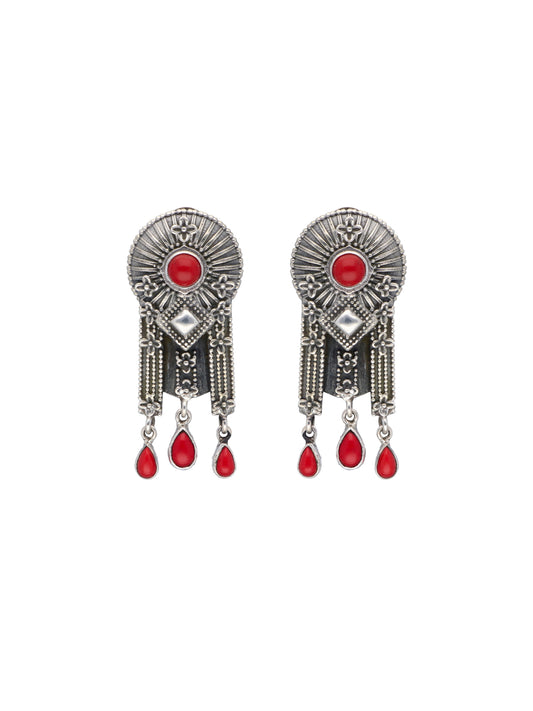 Red Coral Silver Chandelier Earrings